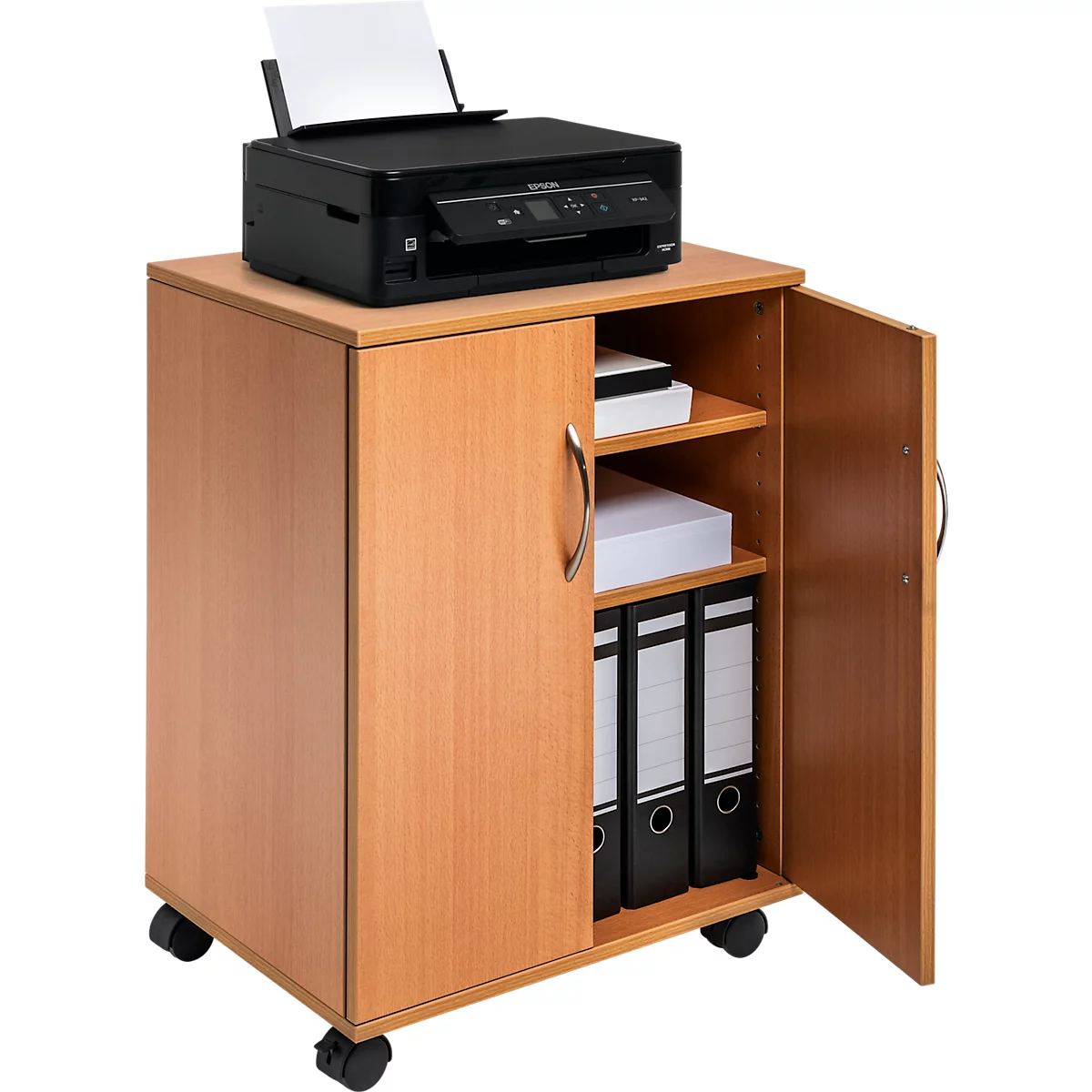 Chariot de bureau avec portes battantes, avec roulettes, hêtre