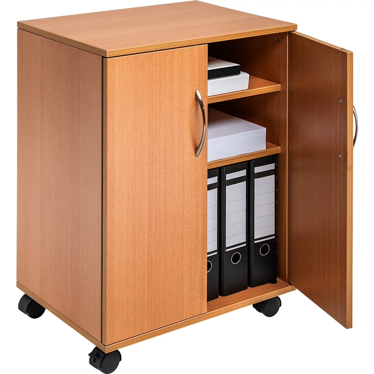 Chariot de bureau avec portes battantes, avec roulettes, hêtre