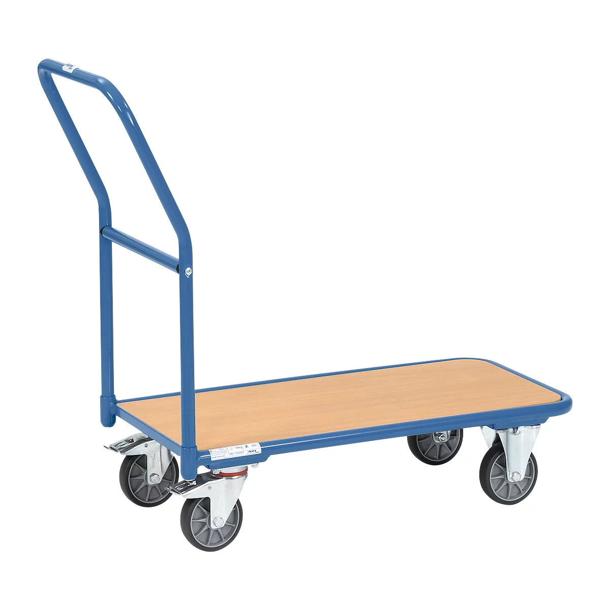 Chariot de magasin, fond en bois, L 1000 x l. 600 mm, jusqu'à 250 kg, tubes d'acier, bleu