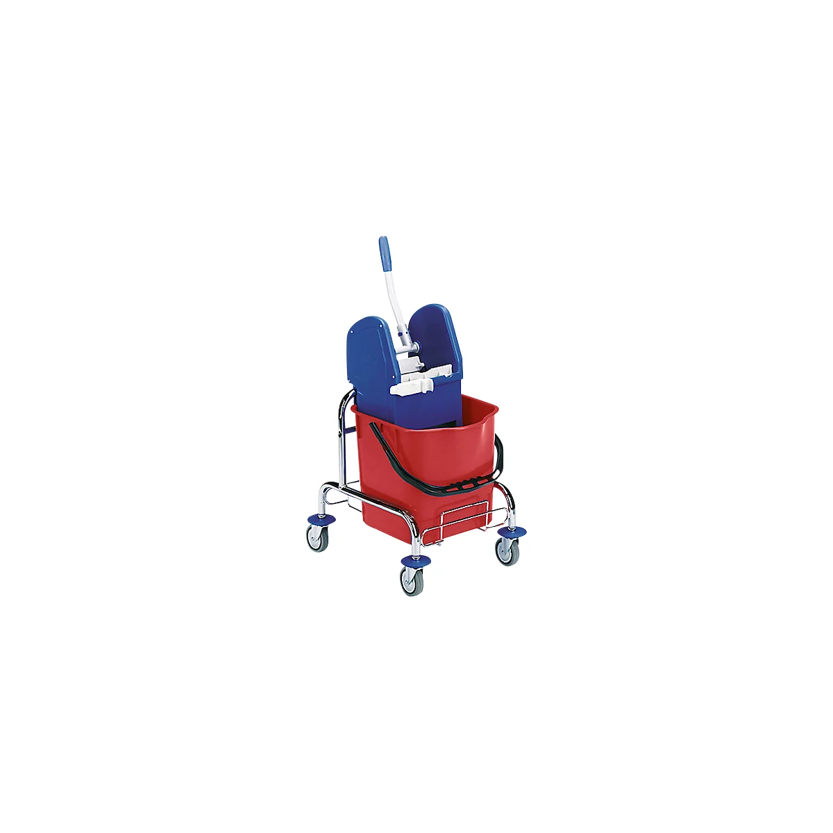 Chariot de nettoyage à roulettes, 1 bac, chromé, seau de 25 litres, avec presse à mâchoires professionnelle, armature en métalSeau à roulettes 1 bac, chromé, Seau de 25 litres, avec presse à mâchoires professionnelle