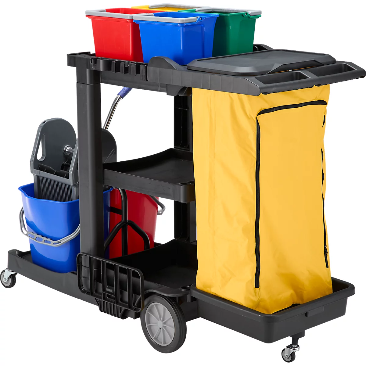 Chariot de nettoyage noir avec seaux, poubelles et sac jaune.