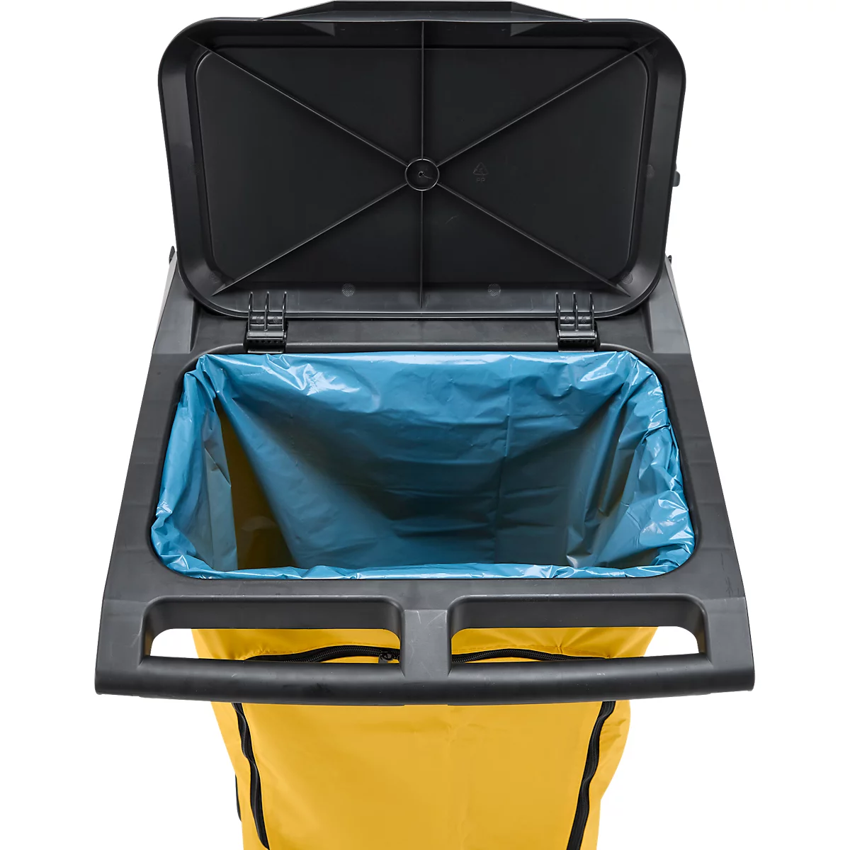 Poubelle ouverte, avec sac poubelle bleu, couvercle noir et conteneur jaune.
