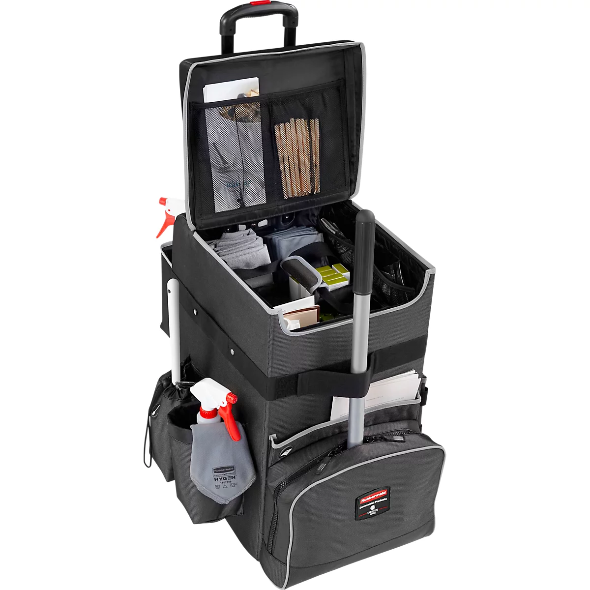 Chariot de nettoyage Rubbermaid® Quick Cart, grand, volume 60 l, compartiments intérieurs, poignée télescopique, L 419 x l 363 x H 635 mm, plastique haute performance, gris foncé