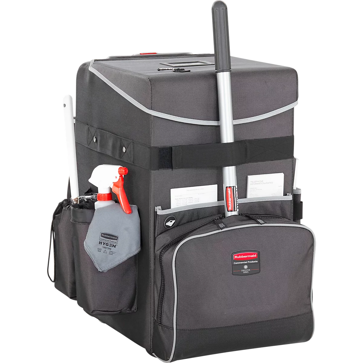 Chariot de nettoyage Rubbermaid® Quick Cart, grand, volume 60 l, compartiments intérieurs, poignée télescopique, L 419 x l 363 x H 635 mm, plastique haute performance, gris foncé