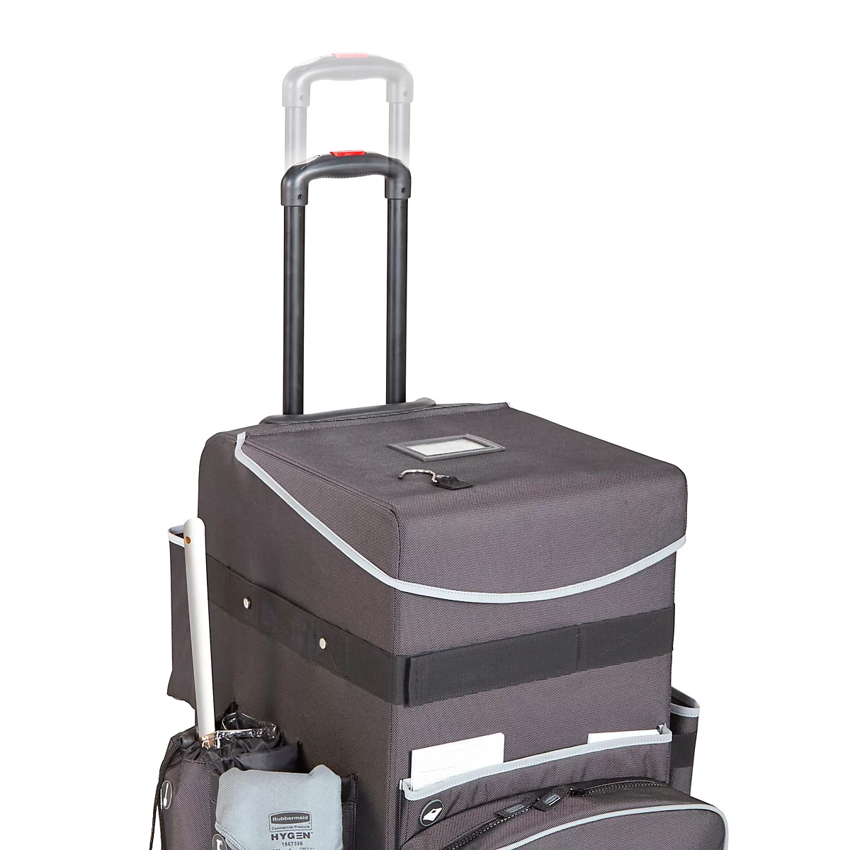 Chariot de nettoyage Rubbermaid® Quick Cart, grand, volume 60 l, compartiments intérieurs, poignée télescopique, L 419 x l 363 x H 635 mm, plastique haute performance, gris foncé