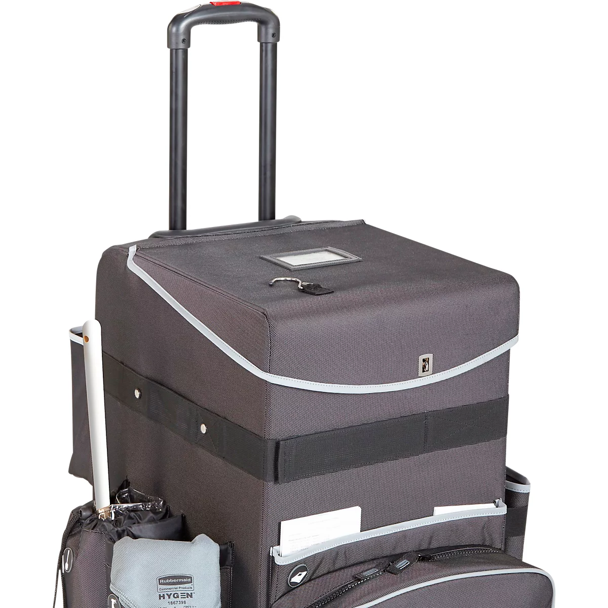 Chariot de nettoyage Rubbermaid® Quick Cart, grand, volume 60 l, compartiments intérieurs, poignée télescopique, L 419 x l 363 x H 635 mm, plastique haute performance, gris foncé