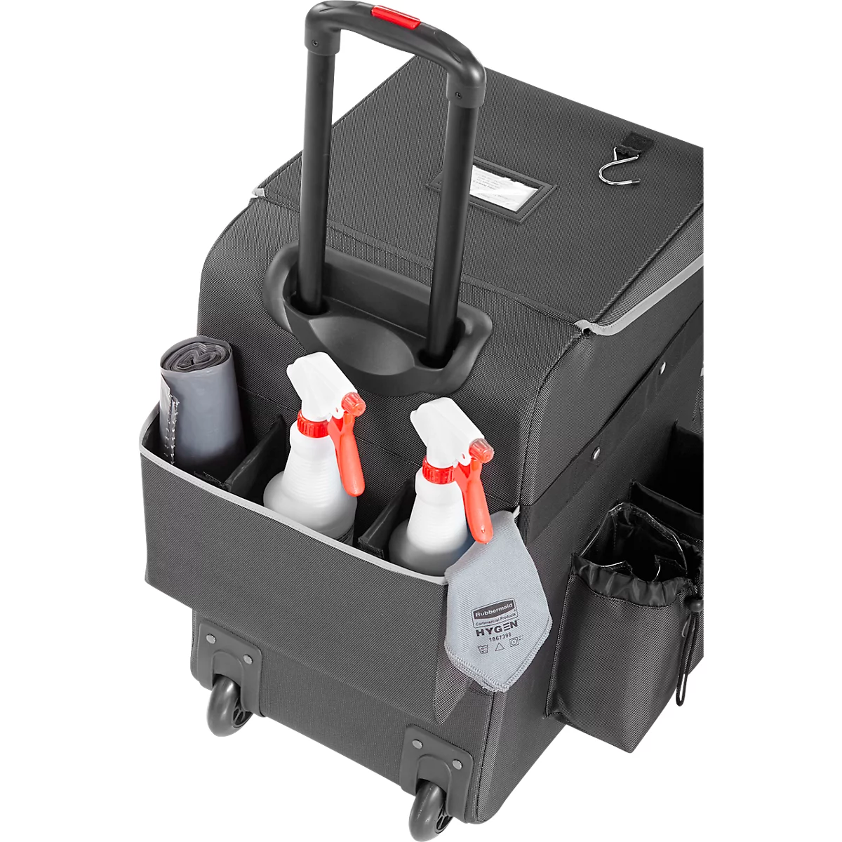 Chariot de nettoyage Rubbermaid® Quick Cart, grand, volume 60 l, compartiments intérieurs, poignée télescopique, L 419 x l 363 x H 635 mm, plastique haute performance, gris foncé