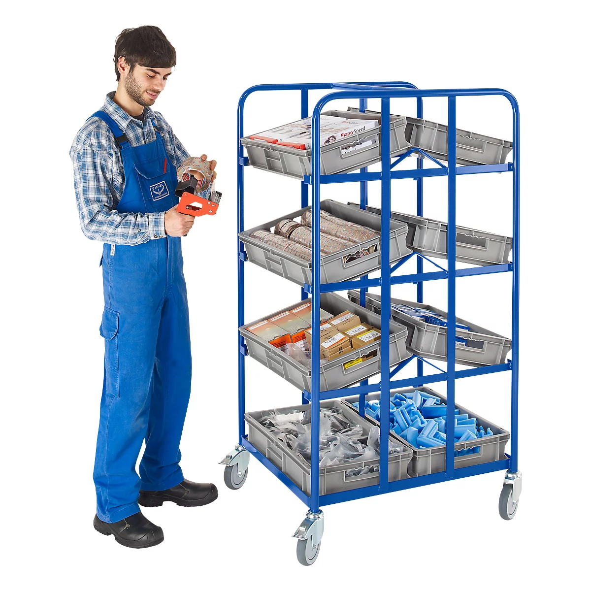 Chariot de préparation de commandes avec 3 plans d'appui double côté