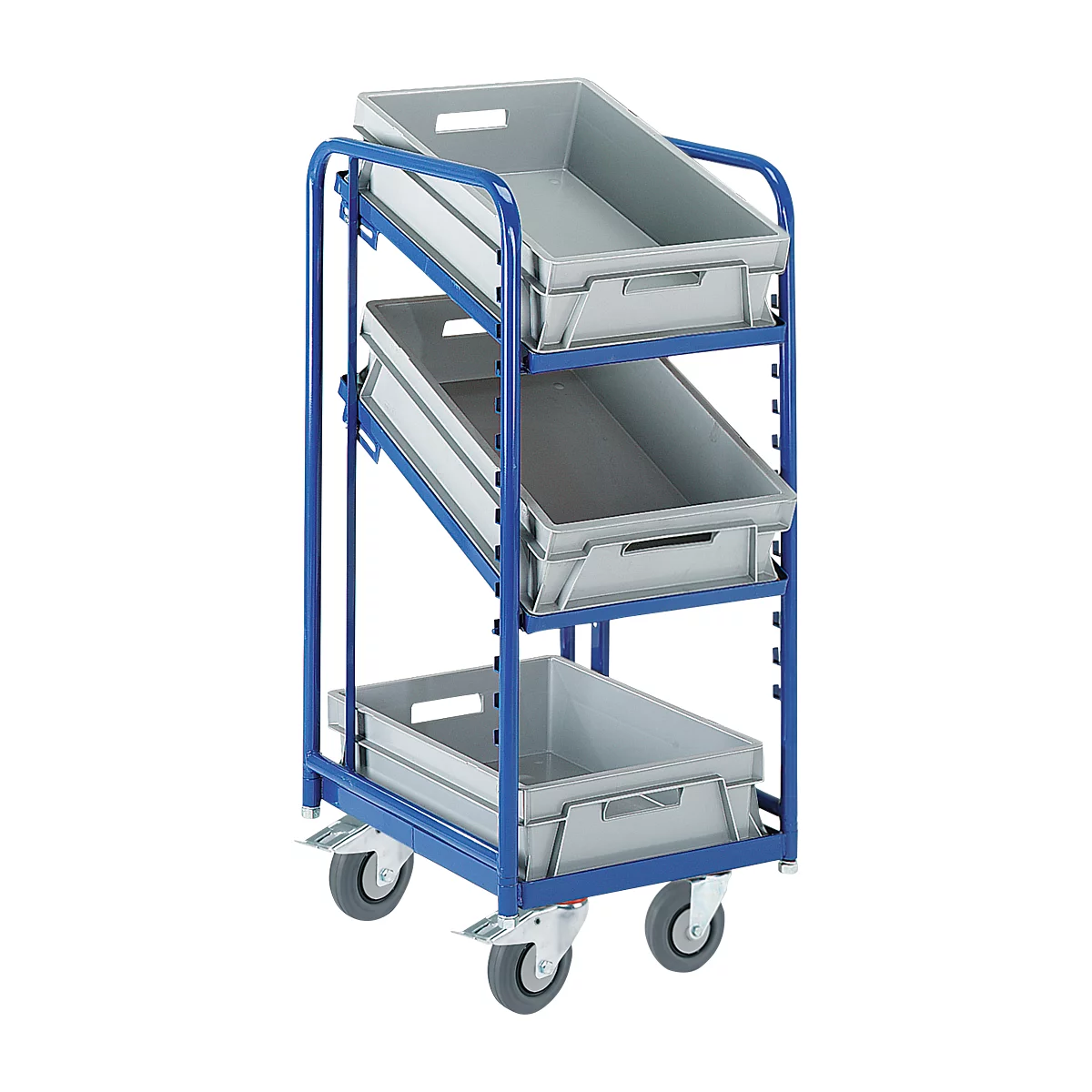 Chariot de préparations de commandes Rollcart, pour bacs Euros, avec 3 étages avec fond ouvert, L 410 x l. 620 x H 1740 mm, capacité de charge 200 kg, livré avec 3 bacs Euro