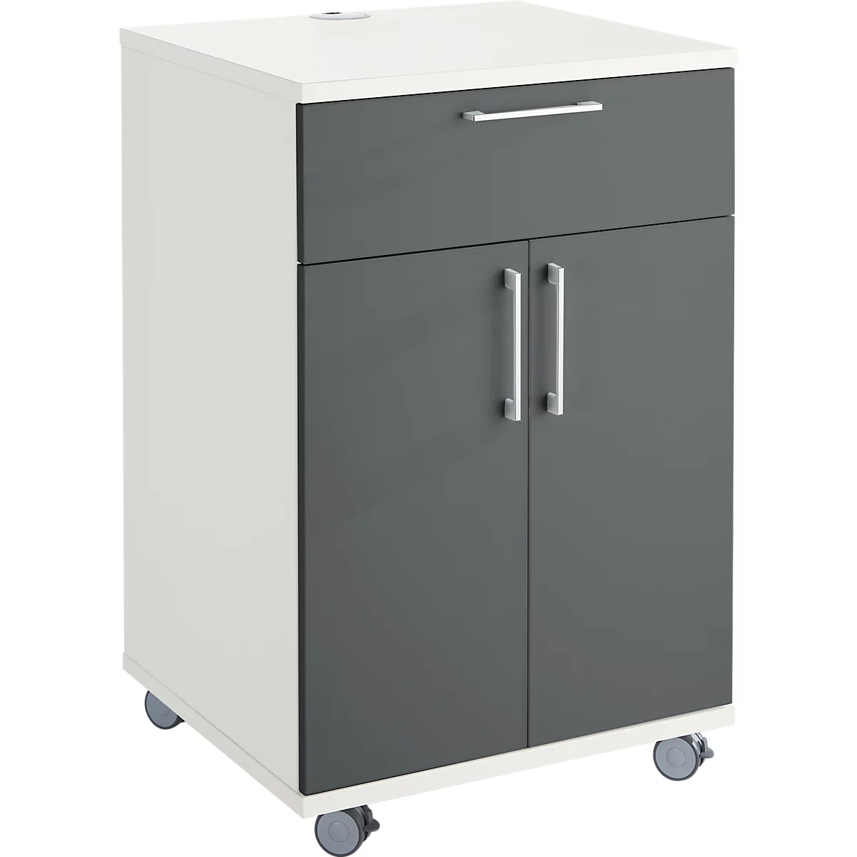 Conteneur roulant blanc et gris avec tiroir et portes. Debout sur roulettes.