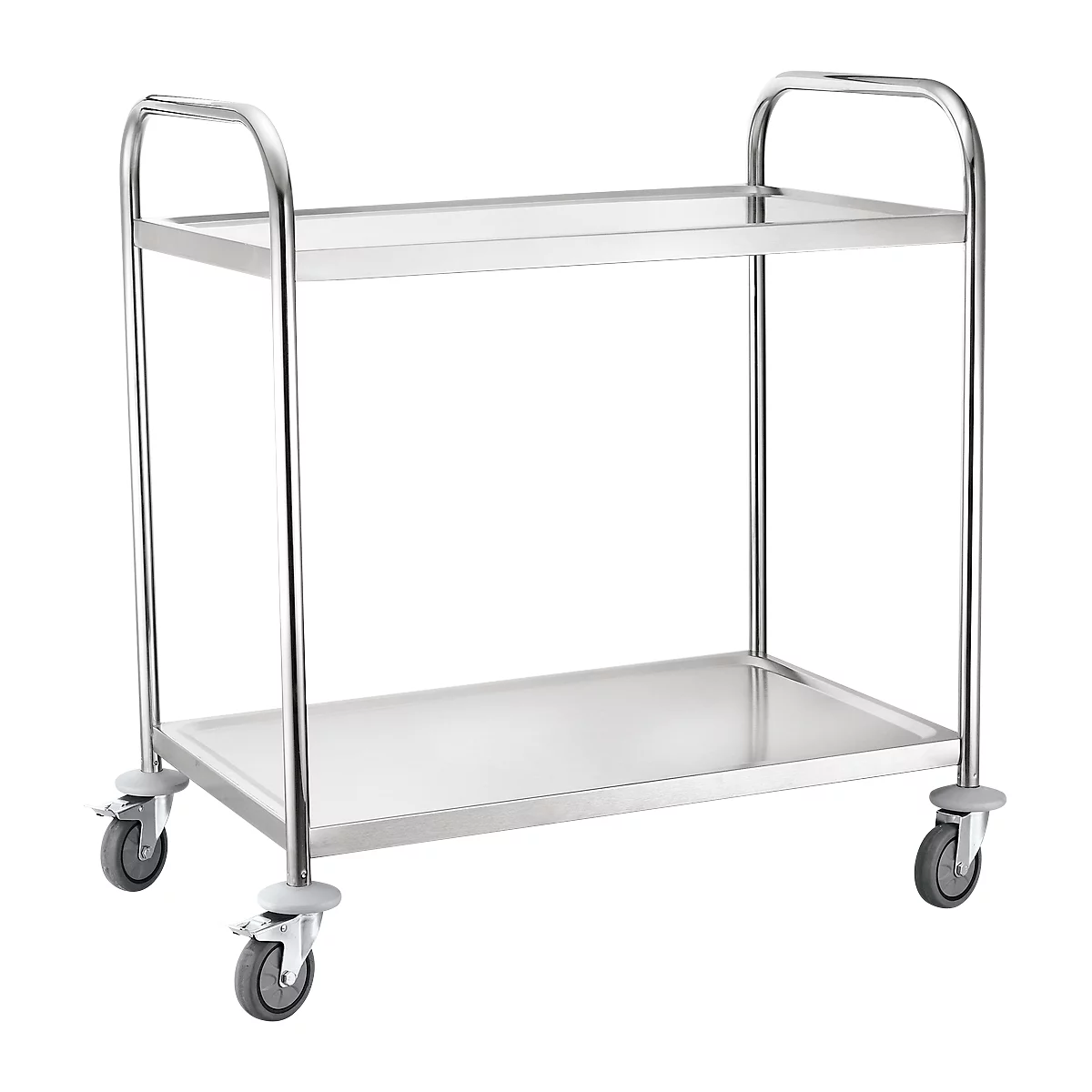 Chariot de service et desserte, inox, Surface de chargement L 820 x l. 500 mm, capacité de charge 100 kg, 2 étages