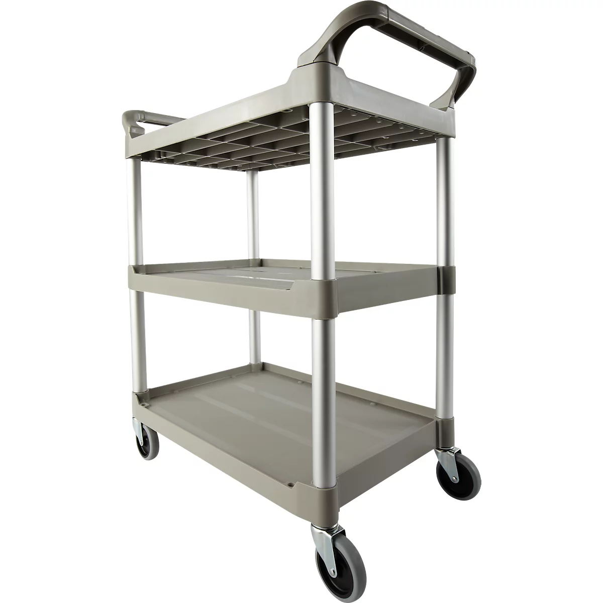 Chariot de service à trois niveaux, étagères en plastique gris, pieds argentés, roues noires, poignée supérieure.