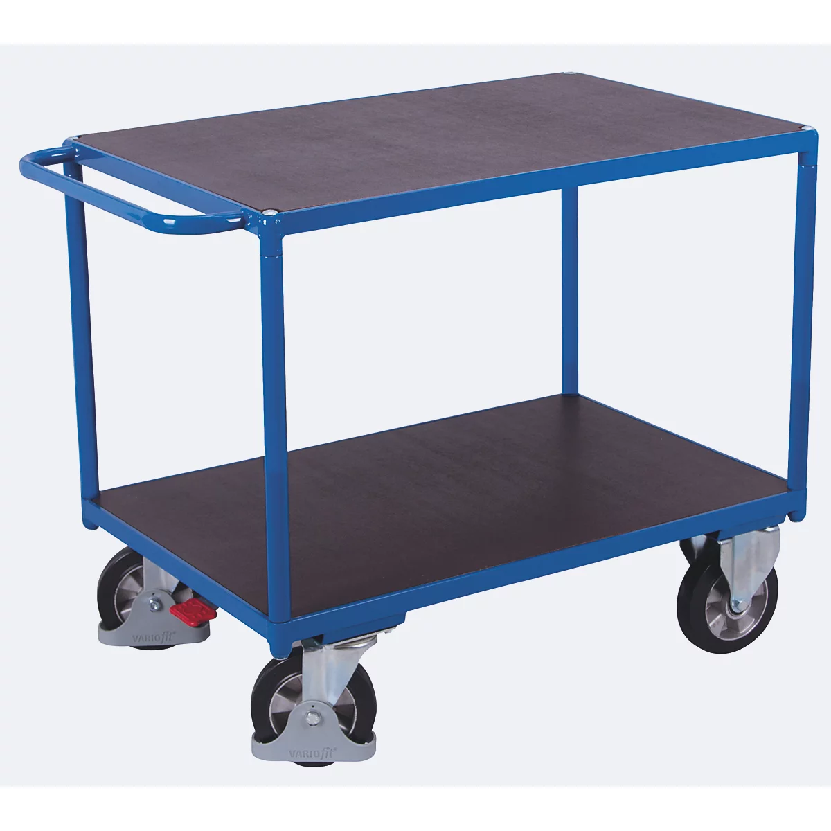Chariot de table à usage intensif, acier/plaque de sérigraphie, bleu gentiane/marron foncé, 2 plateaux, L 1195 x l 800 mm, roulettes en caoutchouc plein avec EasySTOP, jusqu'à 1000 kg