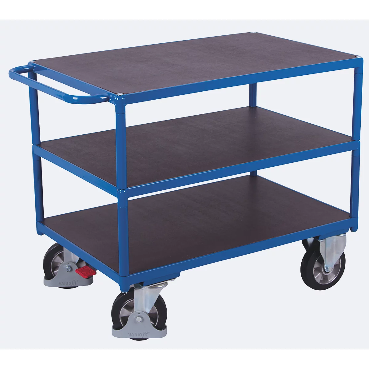 Chariot de table à usage intensif, acier/plaque de sérigraphie, bleu gentiane/marron foncé, 3 plateaux, L 995 x l 700 mm, roulettes en caoutchouc plein avec EasySTOP, jusqu'à 1000 kg
