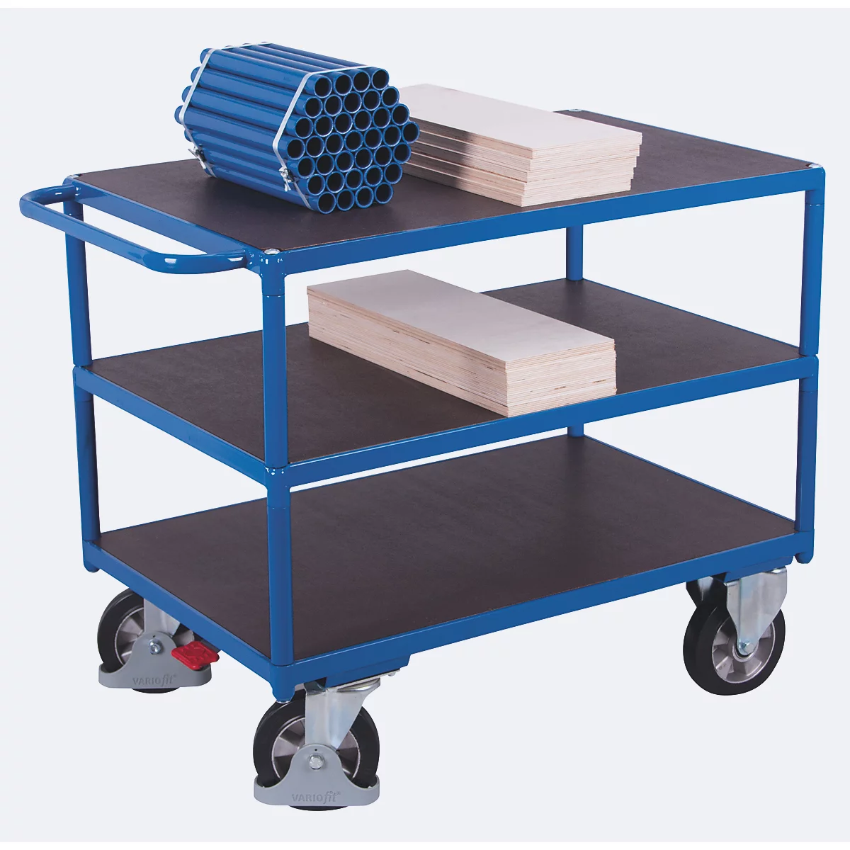 Chariot de table à usage intensif, acier/plaque de sérigraphie, bleu gentiane/marron foncé, 3 plateaux, L 995 x l 700 mm, roulettes en caoutchouc plein avec EasySTOP, jusqu'à 1000 kg