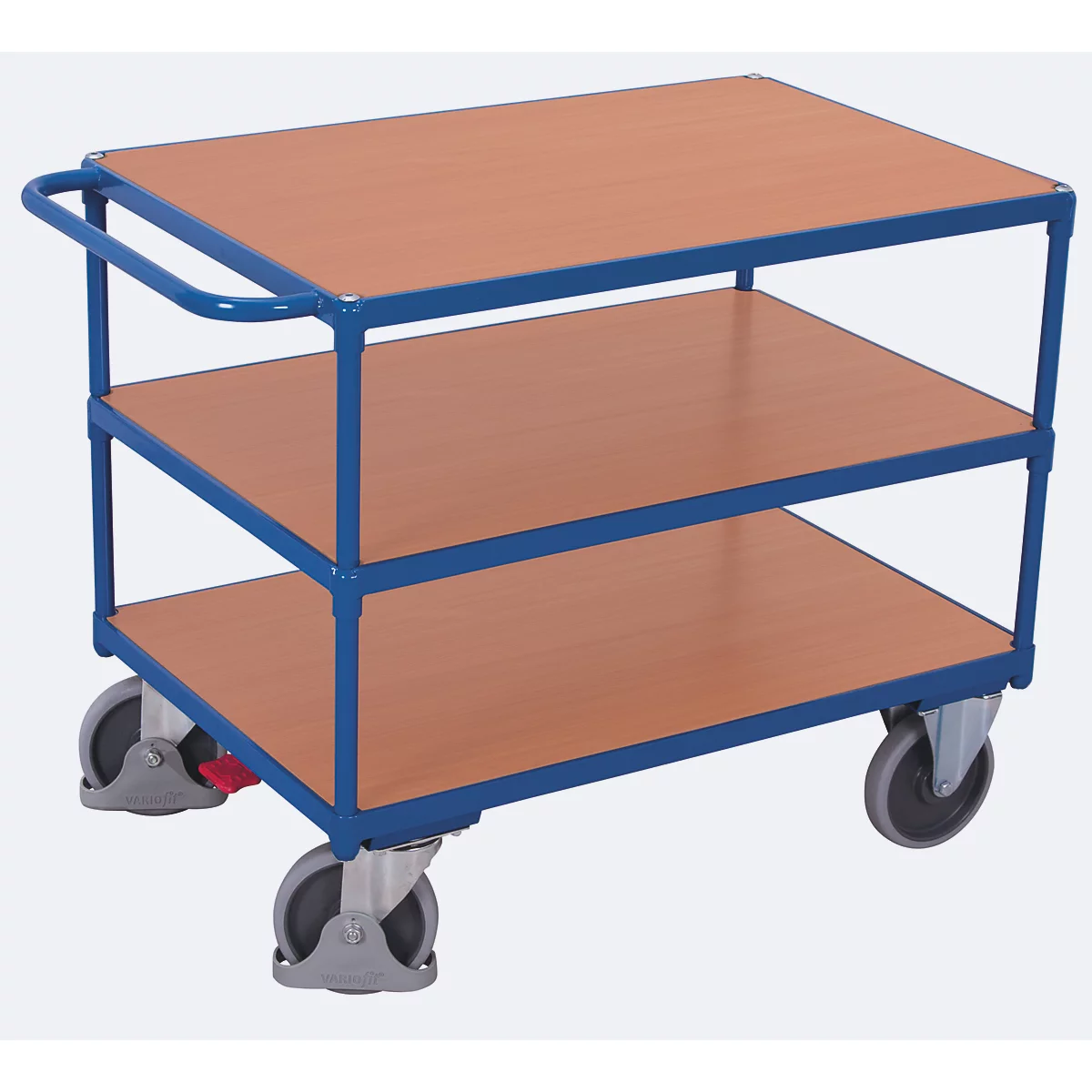 Chariot de table à usage intensif, panneau acier/MDF, décor bleu gentiane/hêtre, 3 plateaux, L 850 x l 500 mm, roulettes TPE avec EasySTOP, jusqu'à 400 kg