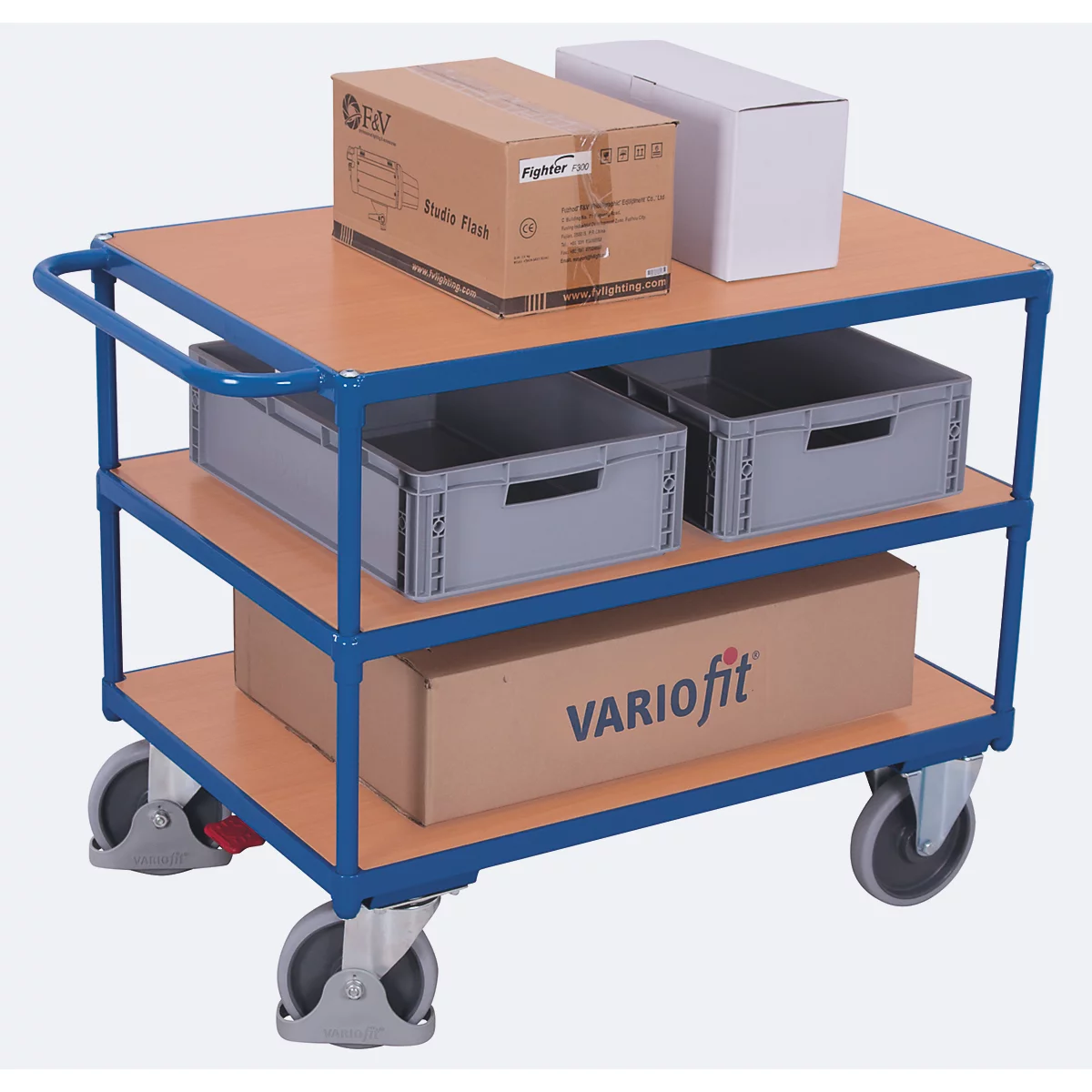 Chariot de table à usage intensif, panneau acier/MDF, décor bleu gentiane/hêtre, 3 plateaux, L 850 x l 500 mm, roulettes TPE avec EasySTOP, jusqu'à 400 kg