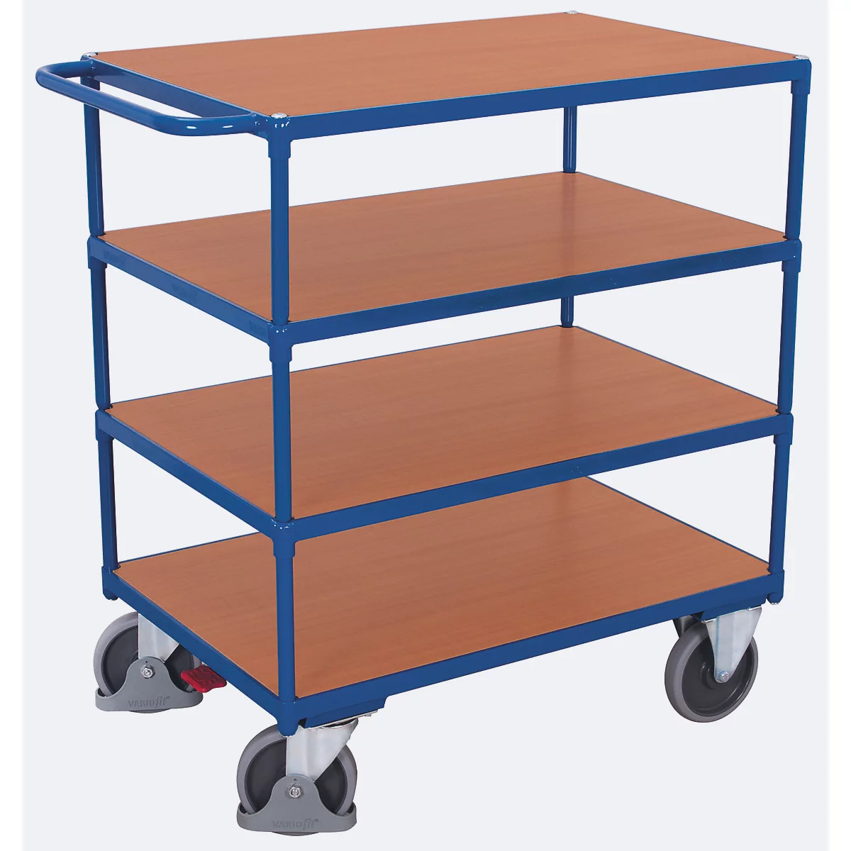 Chariot de table à usage intensif, panneau acier/MDF, décor bleu gentiane/hêtre, 4 plateaux, L 1200 x l 800 mm, roulettes TPE avec EasySTOP, jusqu'à 500 kg