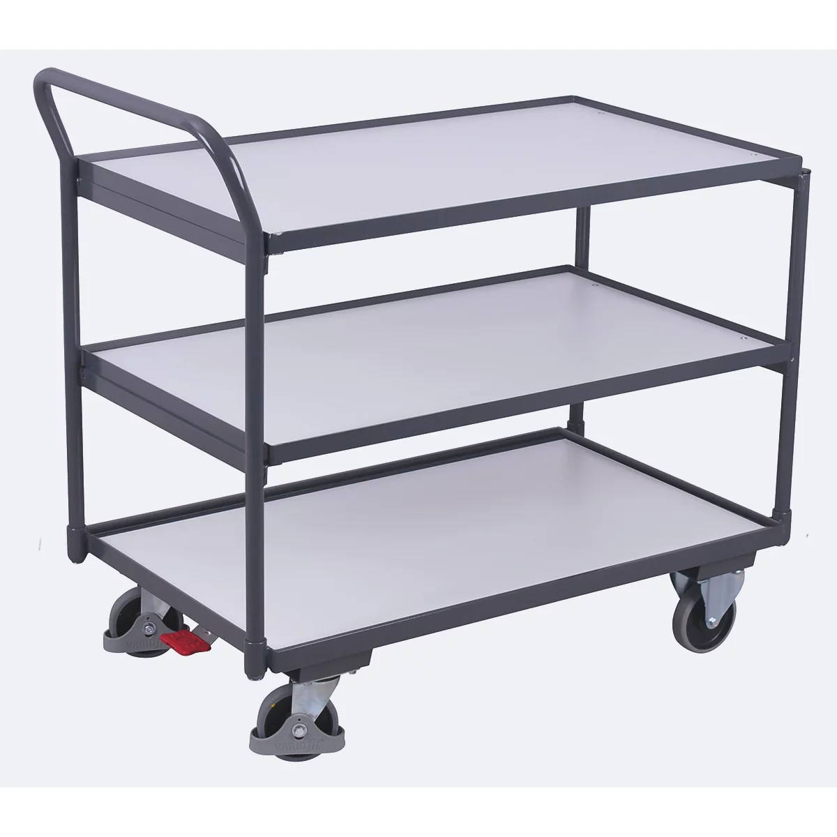 Chariot de table ESD, acier/panneau de particules, gris graphite/gris clair, 3 plateaux, L 985 x l 605 mm, roulettes TPE avec EasySTOP, jusqu'à 250 kg