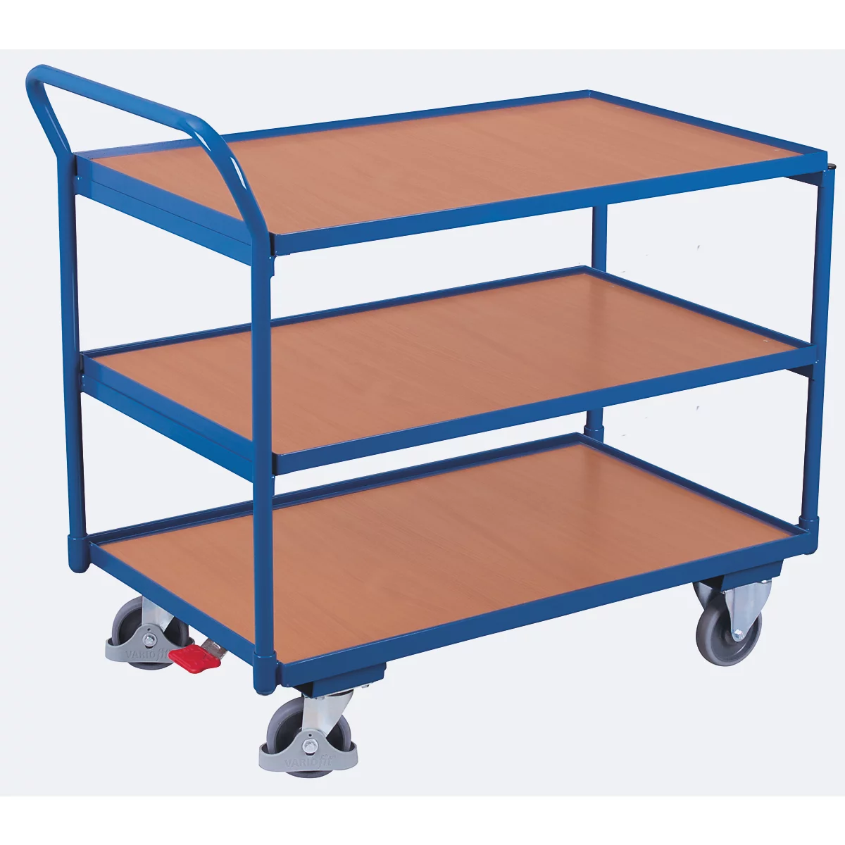 Chariot de table léger, panneau acier/MDF, décor bleu gentiane/hêtre, 3 plateaux, L 835 x l 505 mm, roulettes TPE avec EasySTOP, jusqu'à 250 kg