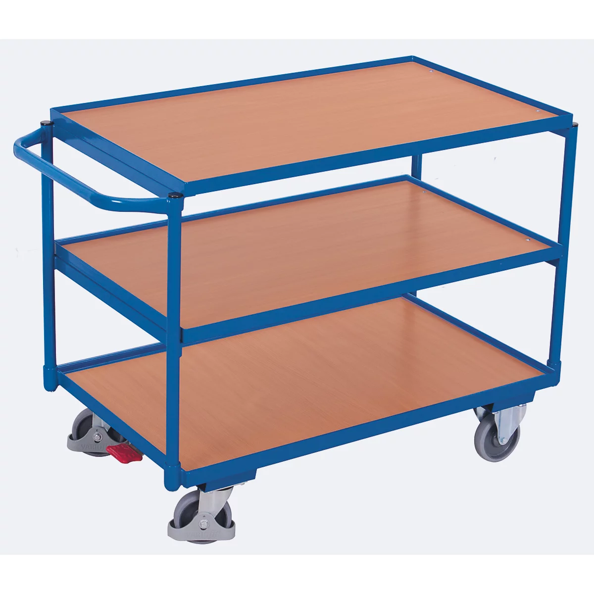 Chariot de table léger, panneau acier/MDF, décor bleu gentiane/hêtre, 3 plateaux, L 985 x l 605 mm, roulettes TPE avec EasySTOP, jusqu'à 250 kg