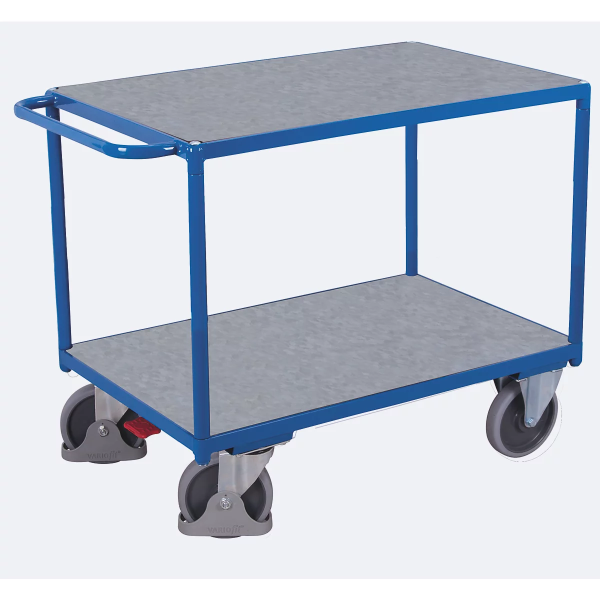 Chariot de table lourd, panneau acier/MDF, bleu gentiane/argent, 2 plateaux, L 1200 x l 800 mm, roulettes TPE avec EasySTOP, jusqu'à 500 kg