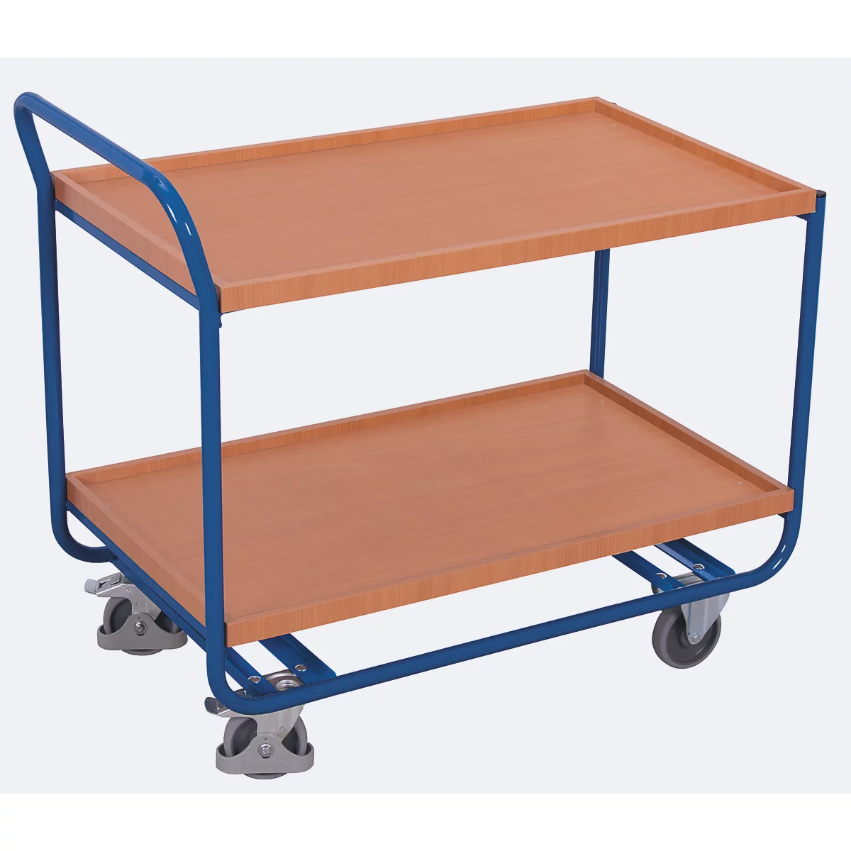 Chariot de table, panneau acier/MDF, décor bleu gentiane/hêtre, 2 étagères, L 970 x l 570 mm, roulettes TPE avec frein de blocage, jusqu'à 200 kg