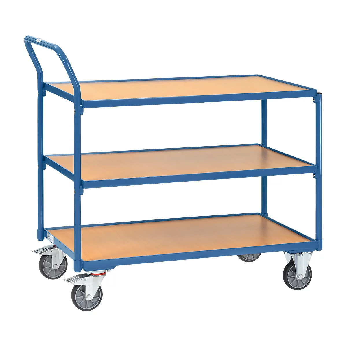 Chariot de transport, 3 niveaux, acier/bois, bleu-hêtre, l. 1000 x P 600 mm, jusqu’à 300 kg, roulettes TPE