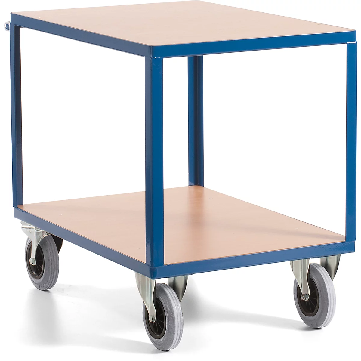 Chariot bleu à deux étagères, aspect bois et quatre roulettes.