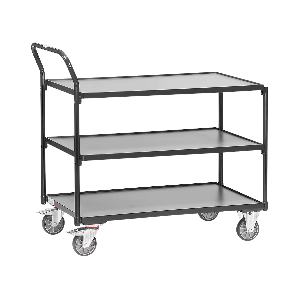 Chariot de transport à 3 étages Fetra, l. 1000 x P 600 mm, capacité de charge 300 kg, roulettes à revêtement en TPE, gris anthracite RAL 7016