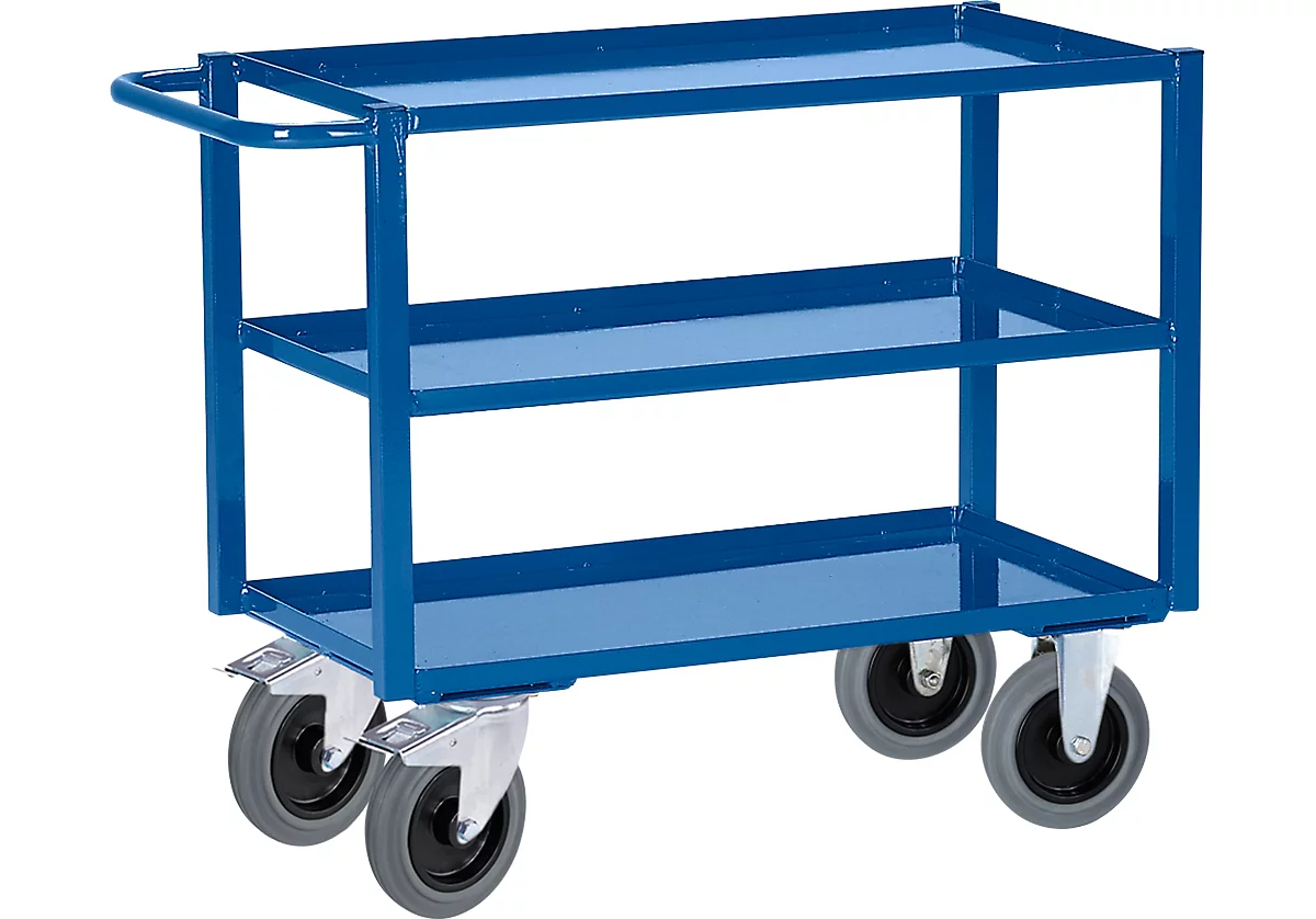 Chariot de transport à 3 étages, Rollcart, L 900 x l. 500 mm, capacité de charge 400 kg, avec roulettes en TPE, bleu gentiane RAL 5010