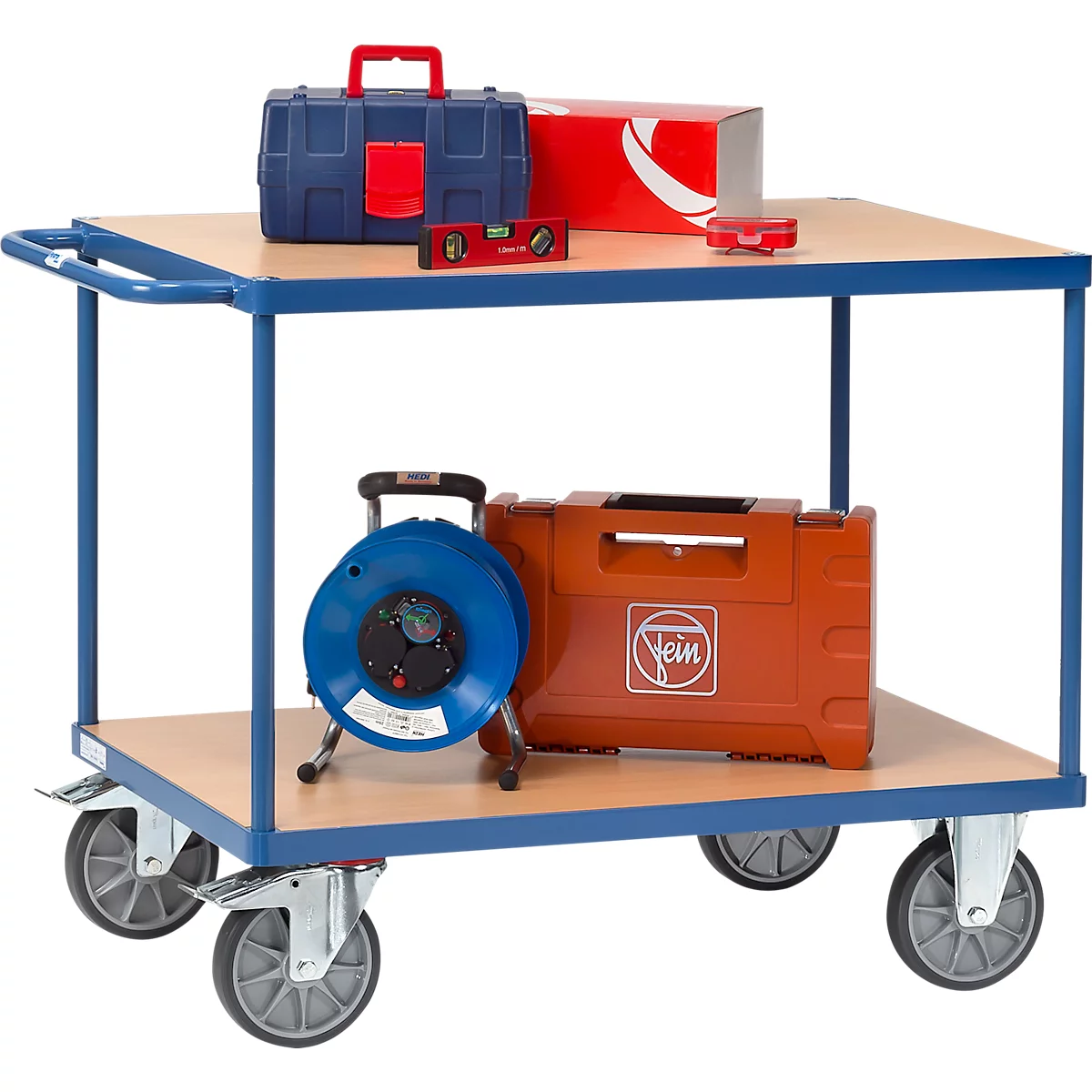 Chariot de transport, acier/bois, 2 étages, L 1000 x l. 600 mm, jusqu’à 600 kg, coloris bleu brillant/hêtre