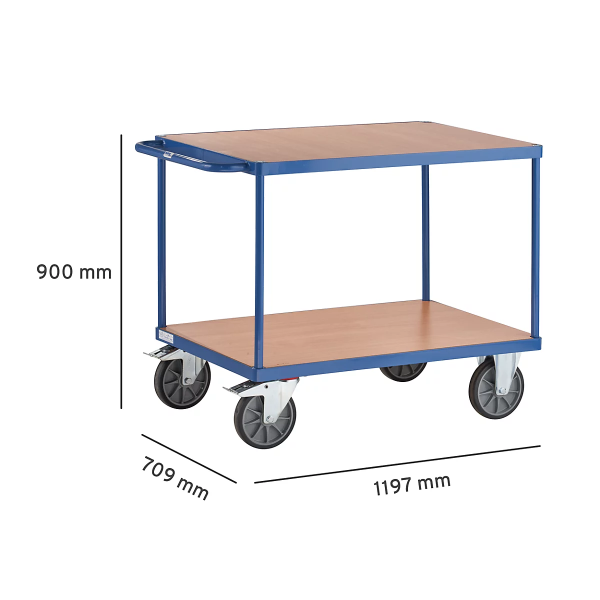 Chariot de transport, acier/bois, 2 étages, L 1000 x l. 700 mm, jusqu’à 600 kg, coloris bleu brillant/hêtre