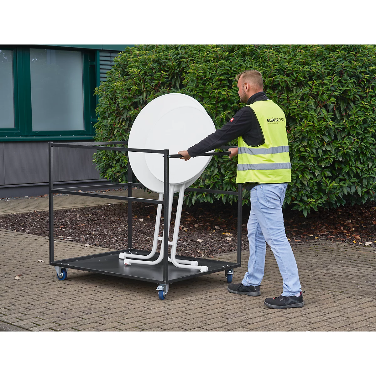 Chariot de transport, armature de fils en acier, avec plaque de base, pour 5 tables hautes