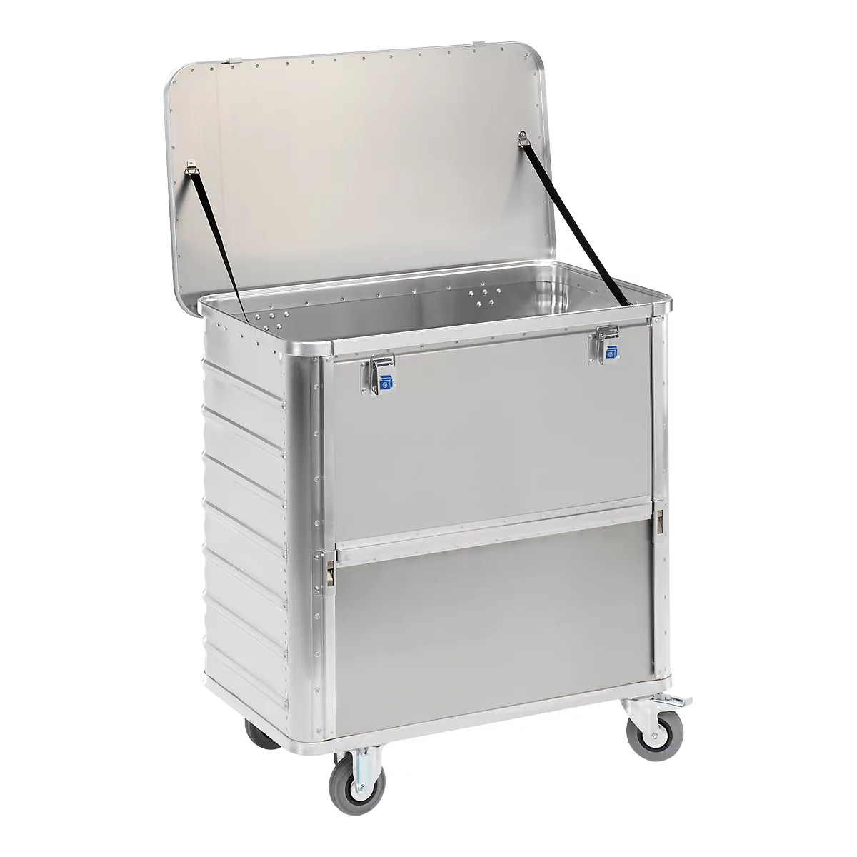 Chariot de transport en aluminium, côté long abaissable, 355 litres, avec couvercle