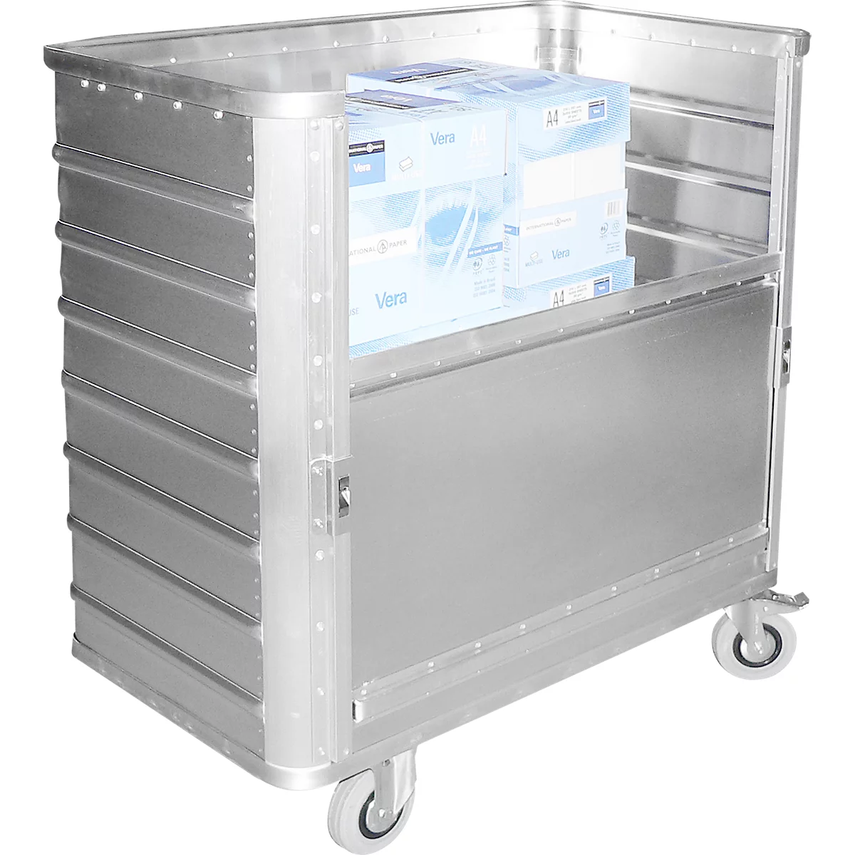 Chariot de transport en aluminium, côté long abaissable, 355 litres, sans couvercle