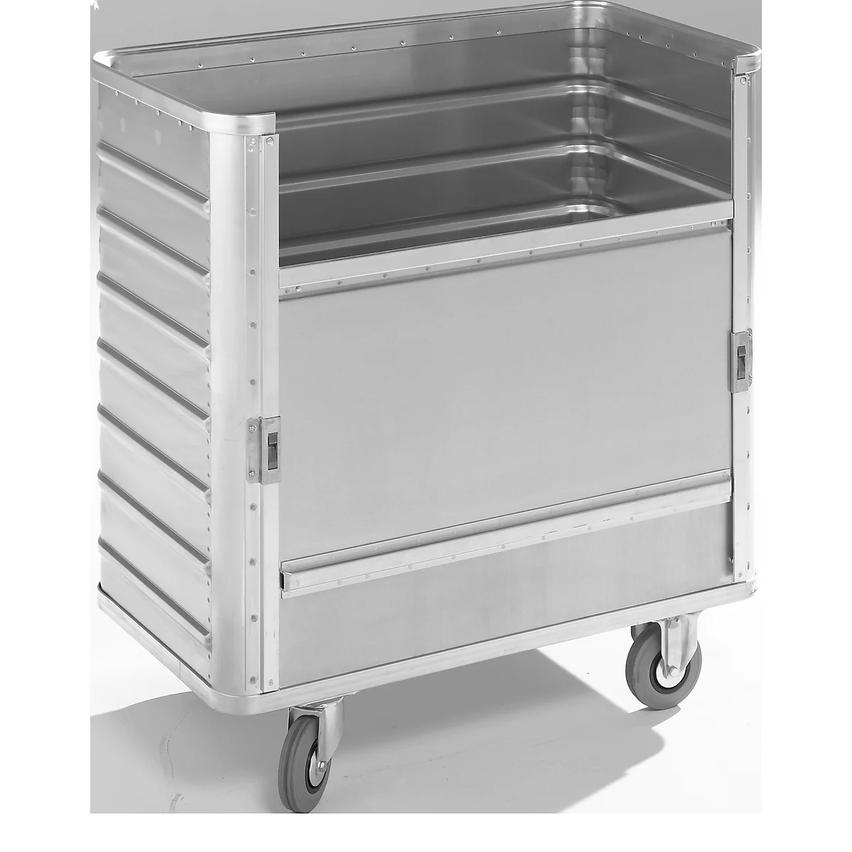 Chariot de transport en aluminium, côté long abaissable, 355 litres, sans couvercle