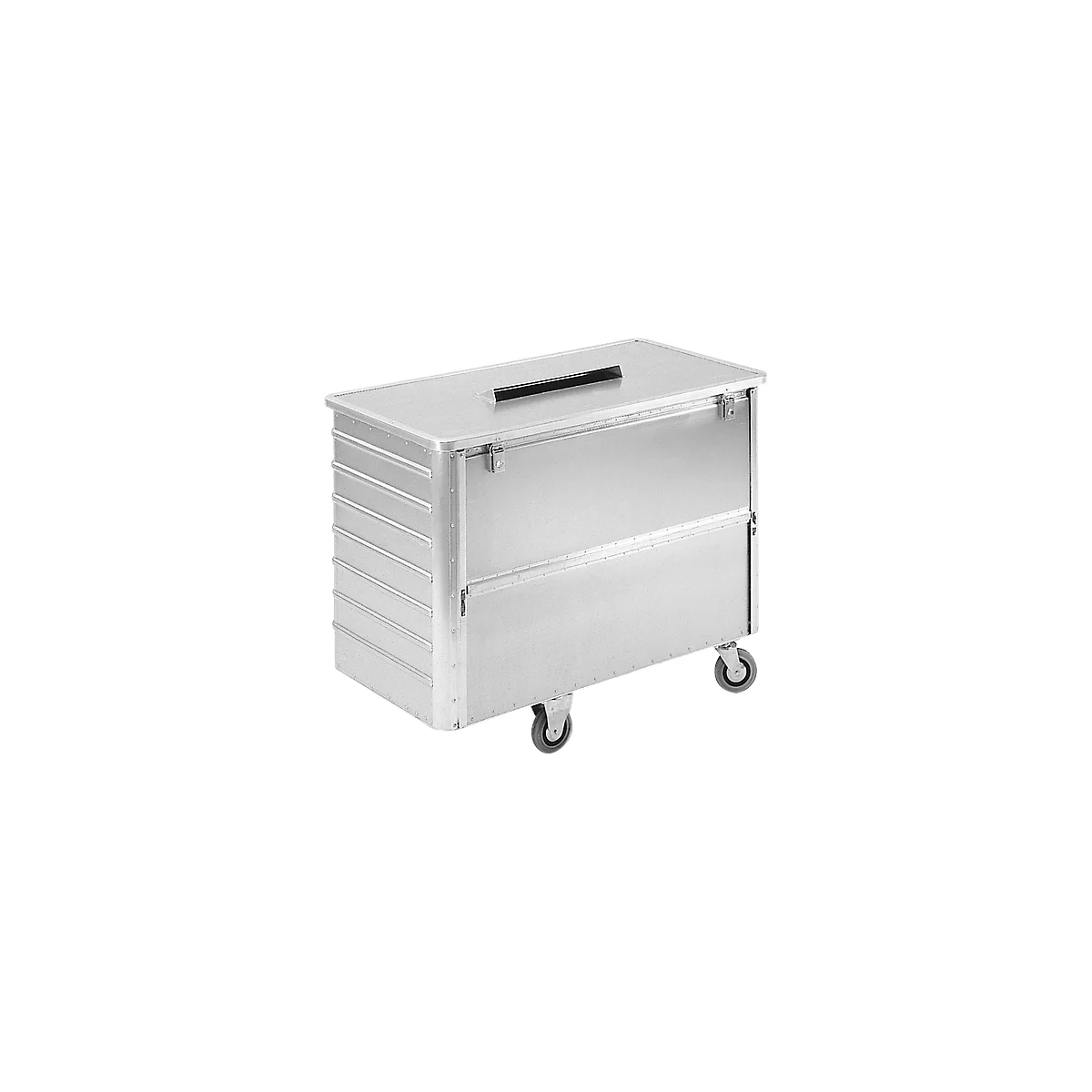 Chariot de transport en aluminium, côté long abaissable, 650 litres, sans couvercle