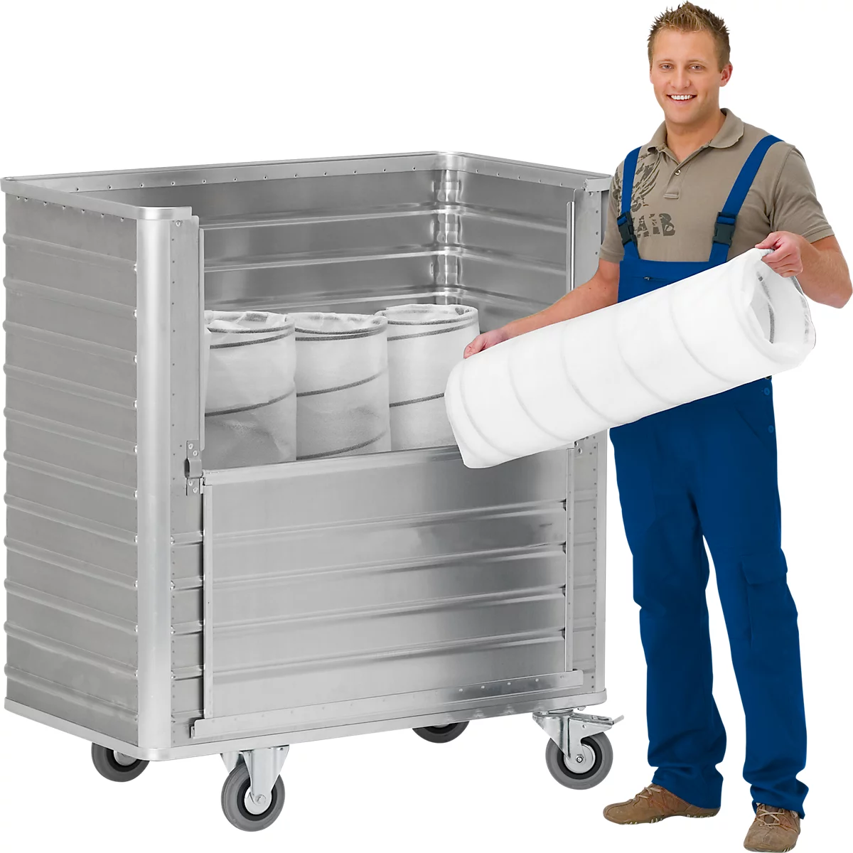 Chariot de transport en aluminium, côté long rabattable, 1050 litres, sans couvercle