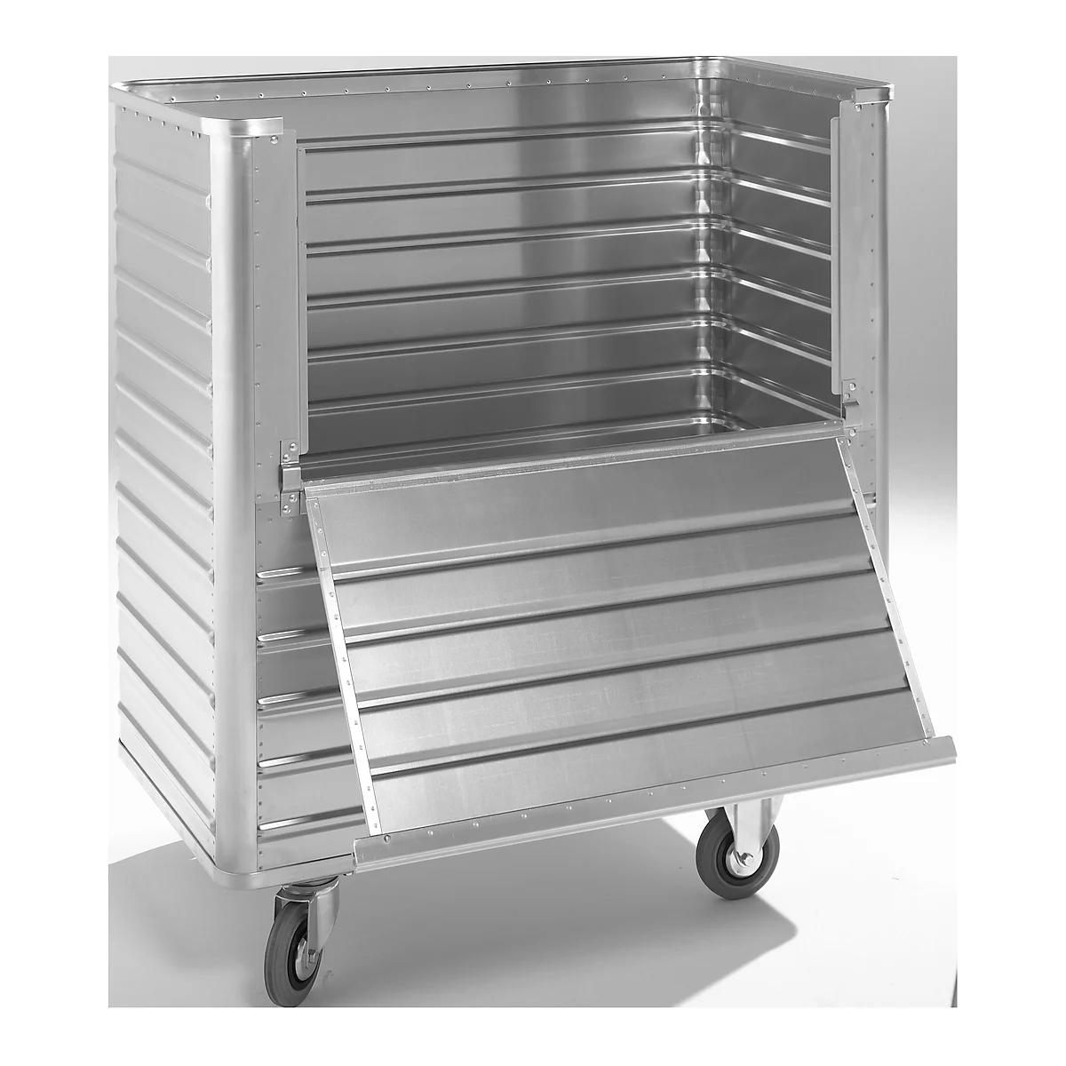 Chariot de transport en aluminium, côté long rabattable, 1050 litres, sans couvercle