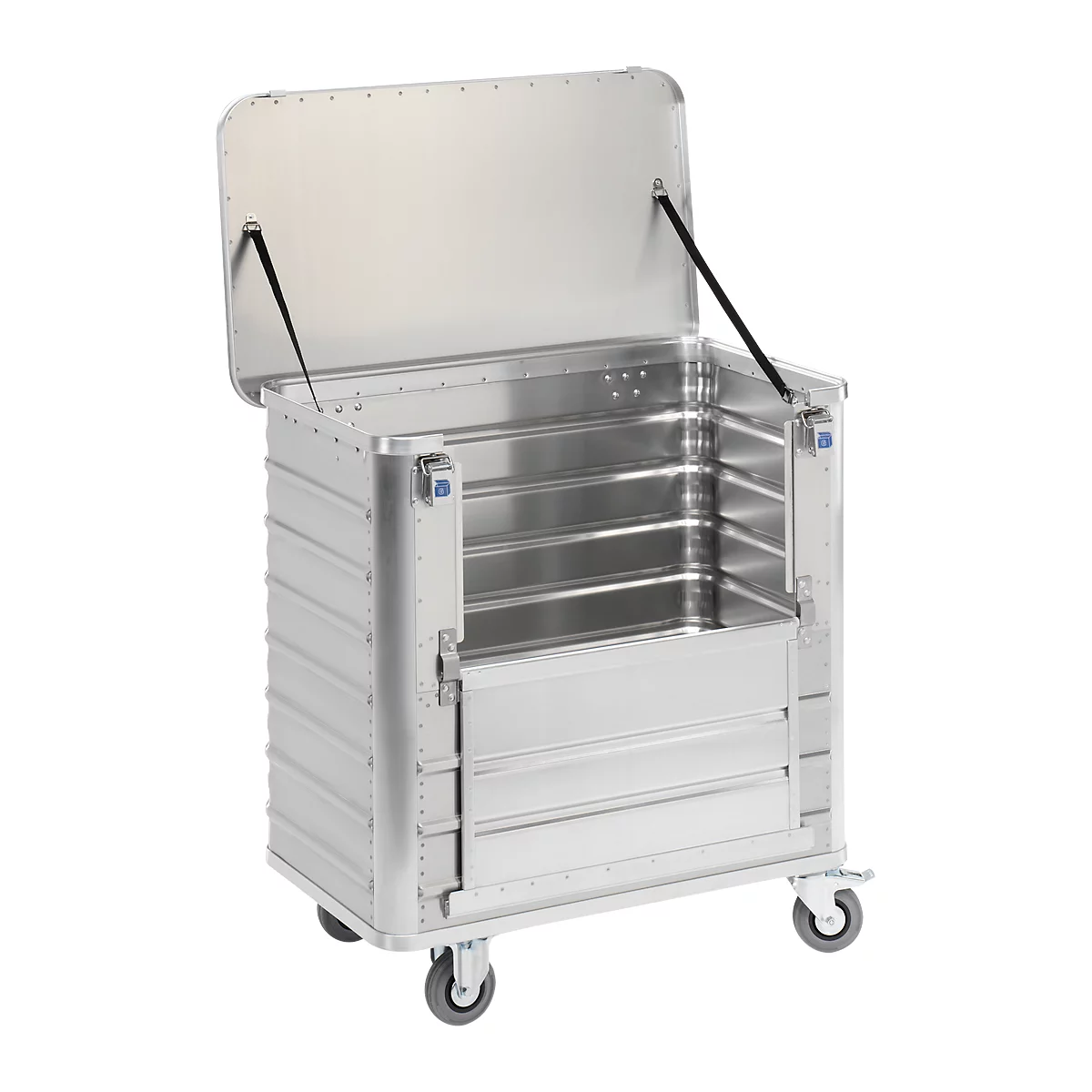Chariot de transport en aluminium, côté long rabattable, 355 litres, avec couvercle