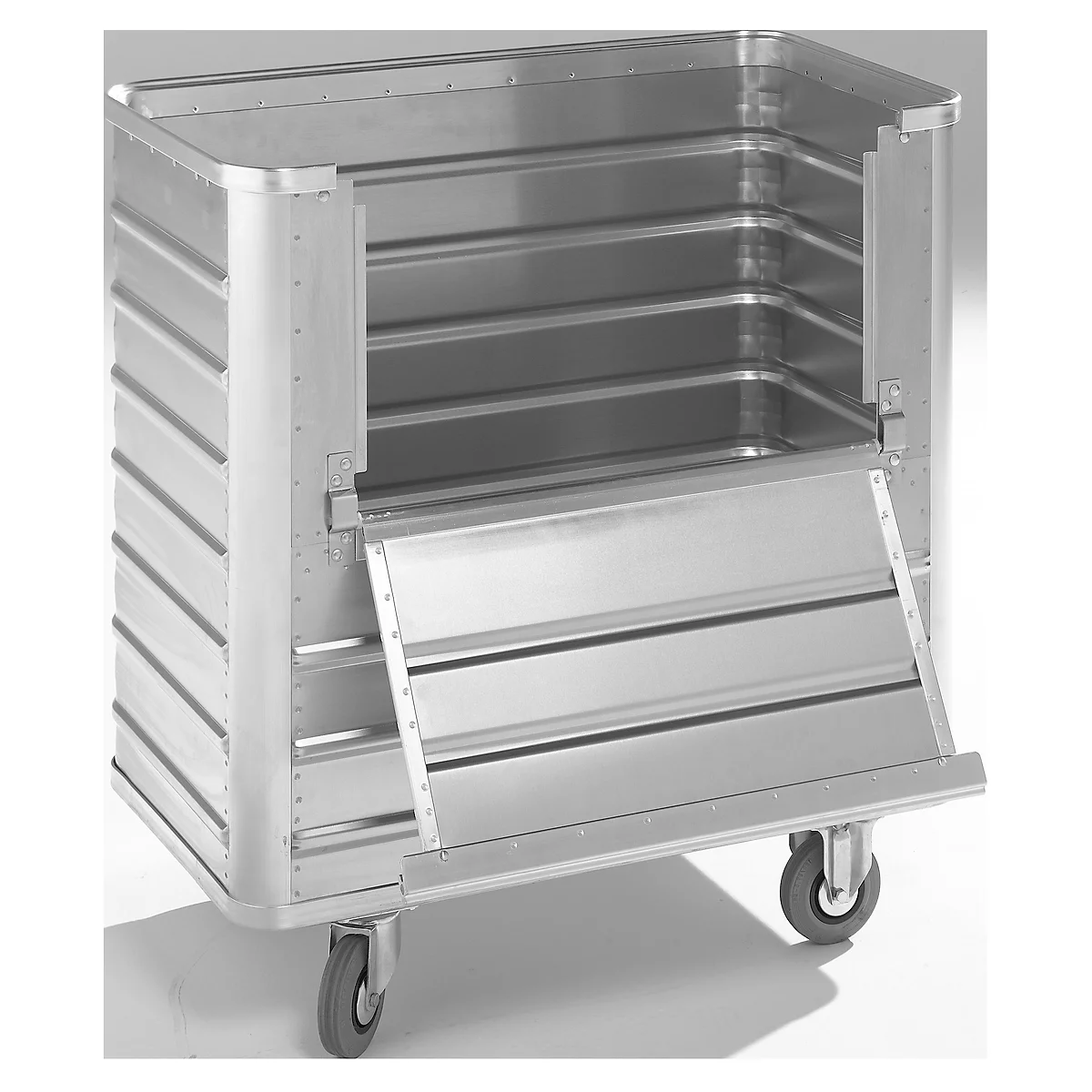 Chariot de transport en aluminium, côté long rabattable, 355 litres, sans couvercle