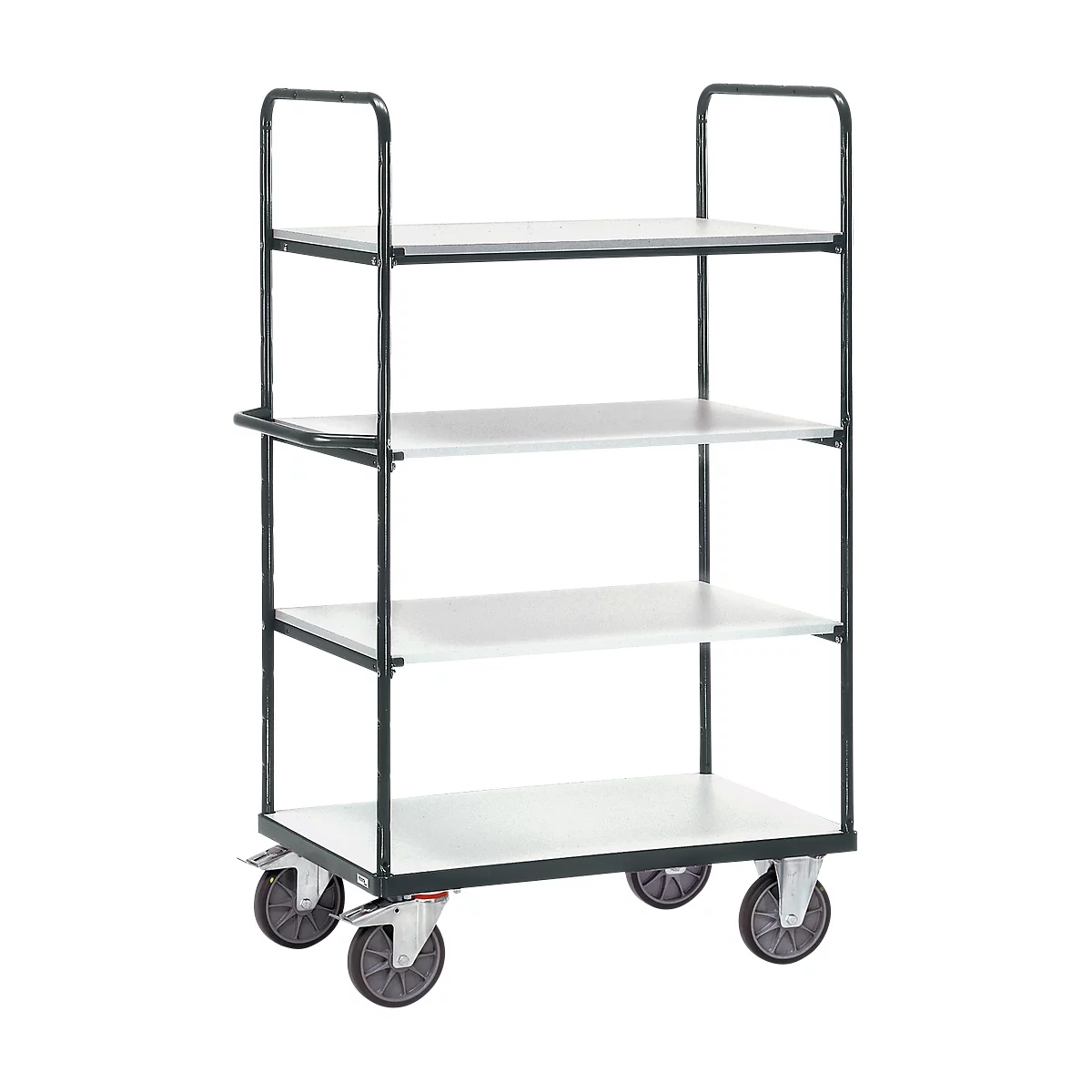 Chariot de transport ESD, 4 étages, 1200 x 800 mm, jusqu’à 600 kg, acier/bois, gris ardoise