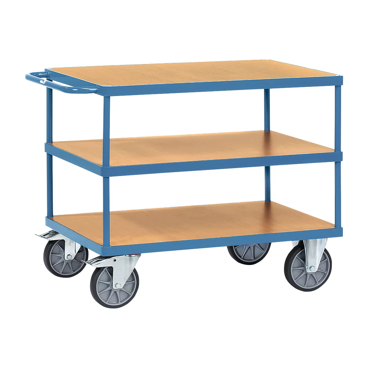 Chariot de transport, lourd, 3 étages, 1200 x 800 mm, jusqu’à 500/600 kg, acier/bois, bleu/hêtre