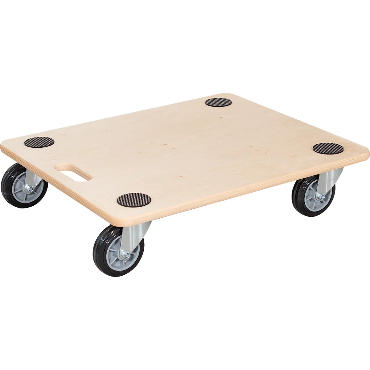 Chariot de transport en bois avec roulettes ; encoche de poignée.