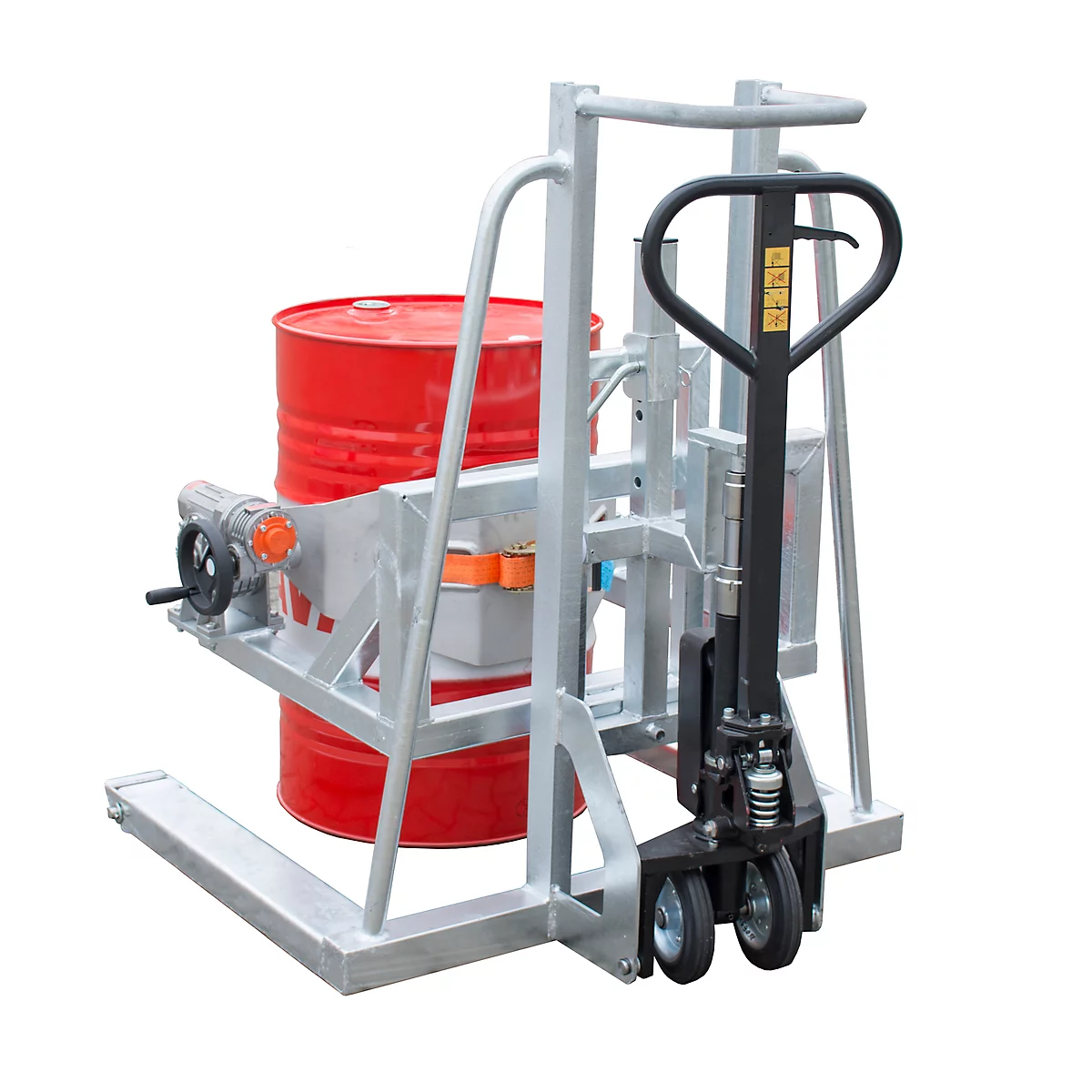 Chariot élévateur pour fûts FHR 600 F Bauer, acier, plage de rotation de 360°, pour fûts jusqu'à 220 l, L 1125 x P 1200 x H 1330 mm, galvanisé