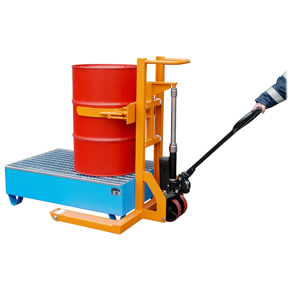 Chariot élévateur pour fûts FHR 600 K BAUER , acier, avec pince à fûts, pour fûts de 200 l, L 1125 x P 1000 x H 1330 mm, orange