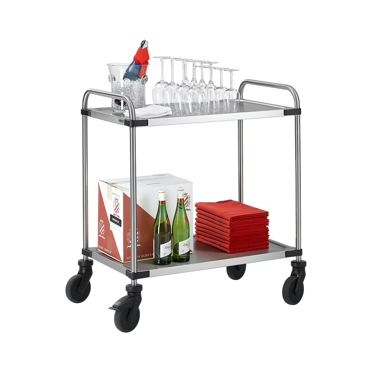Chariot en inox, H 950 x L 870 x l. 570 mm, 2 étages