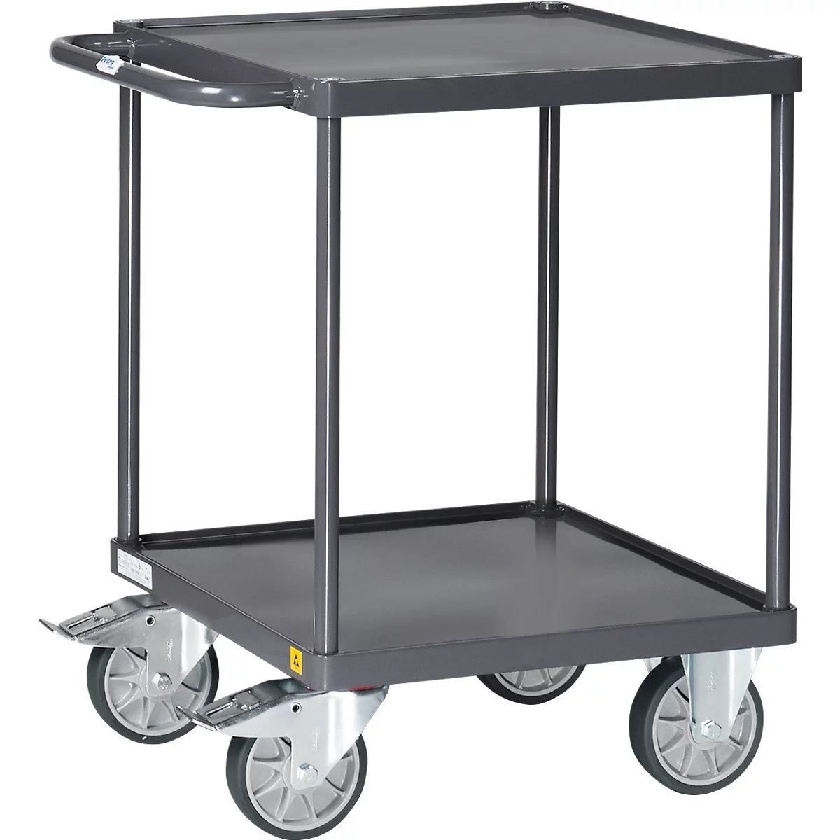 Chariot ESD à plateaux Fetra 9496W, jusqu'à 500 kg, 2 plateaux avec bacs, surface de chargement L 600 x l 600 mm, pneus TPE, poignée de poussée, acier, gris ardoise