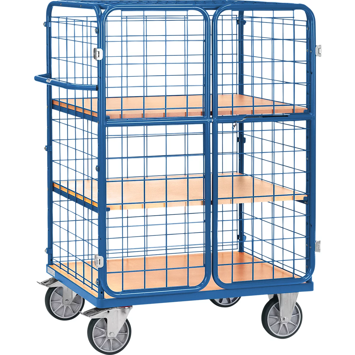 Chariot grillagé Fetra 8482-3DE, jusqu'à 600 kg, porte battante verrouillable avec toit, 3 niveaux avec étagères en bois composite, surface de chargement L 1000 x l 700 mm, pneus TPE